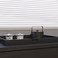 Black Tray With Lidded White Cups And Black Kettle On Dark Countertop By White Blinds