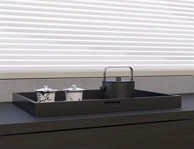 Black Tray With Lidded White Cups And Black Kettle On Dark Countertop By White Blinds 3d model