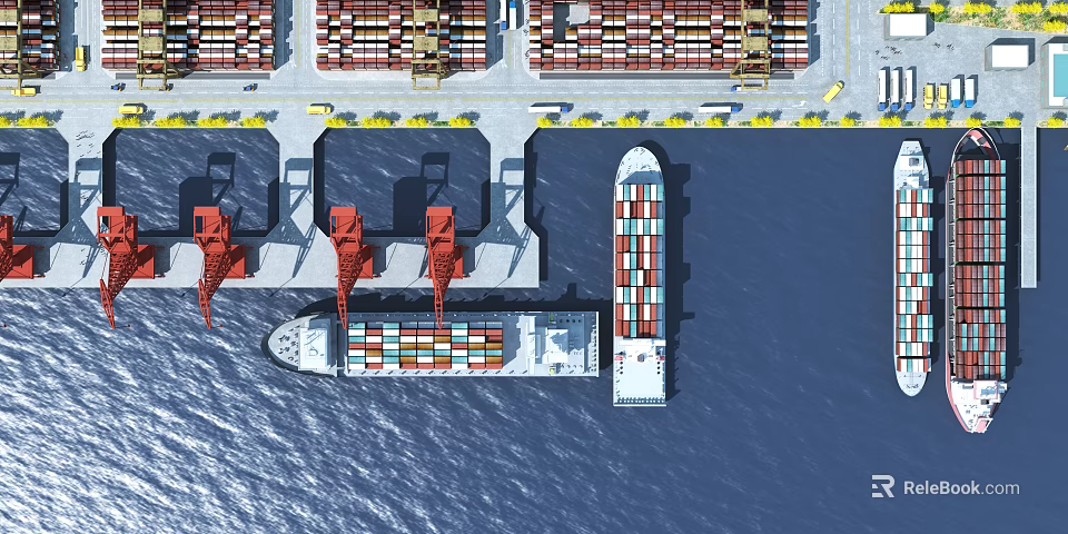 Aerial View Of Ocean With Cargo Ship At Container Terminal And Cranes On Dock 3d model 
