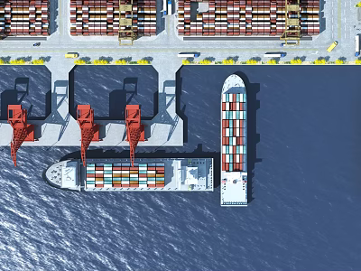 Aerial View Of Ocean With Cargo Ship At Container Terminal And Cranes On Dock 3d model