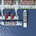 Aerial View Of Ocean With Cargo Ship At Container Terminal And Cranes On Dock