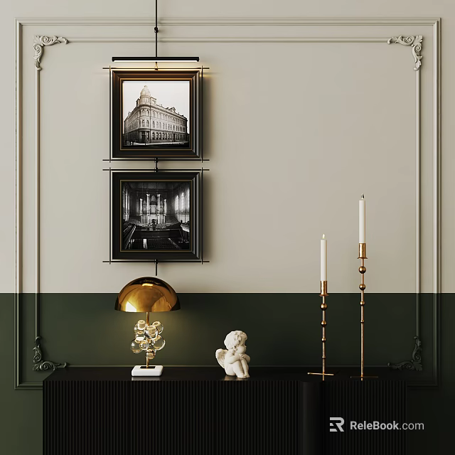 Abstract Painting In Black Frame On Green Wall With Gold Decor White Sculpture And Candlestick 3d model 