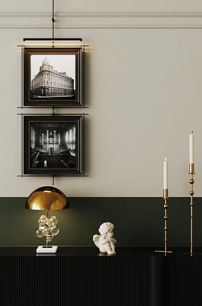 Abstract Painting In Black Frame On Green Wall With Gold Decor White Sculpture And Candlestick 3d model
