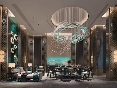 Elegant Modern Private Room With Chinese Elements Chandelier Sofa Dining Table And Marble Floor 3d model