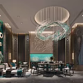 Elegant Modern Private Room With Chinese Elements Chandelier Sofa Dining Table And Marble Floor