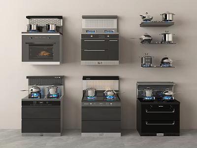 Modern Kitchen Appliances Collection Featuring Oven Stove Cooktop Range Hood And Pots 3d model
