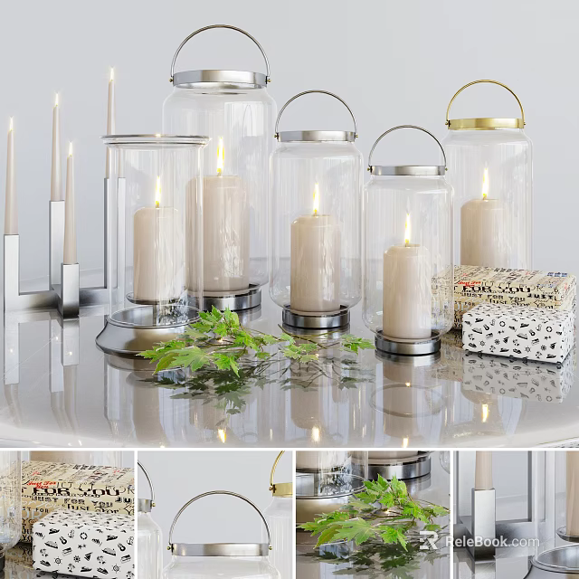 Decorative Ornament Set with Glass Lanterns Candles Greenery and Metallic Accents for Tabletop Decoration 3d model 