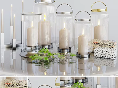 Decorative Ornament Set with Glass Lanterns Candles Greenery and Metallic Accents for Tabletop Decoration 3d model
