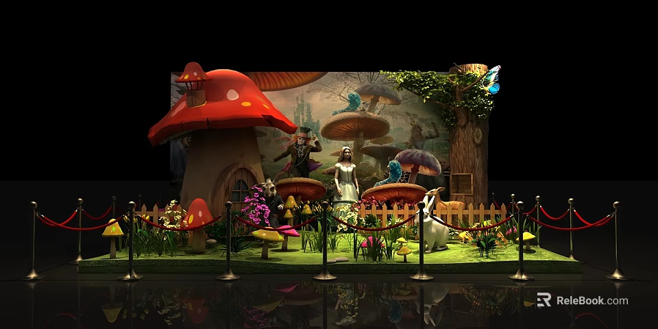 Fairy Tale Themed Display Shelves Featuring Mushroom Shapes Small Animals Flowers Fence And Ropes 3d model 