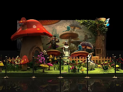 Fairy Tale Themed Display Shelves Featuring Mushroom Shapes Small Animals Flowers Fence And Ropes 3d model