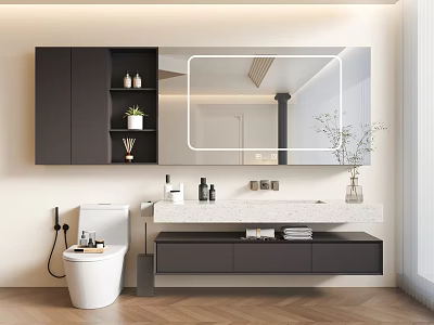 Modern Bathroom Interior With Illuminated Mirror Marble Countertop Black Cabinets And White Toilet 3d model