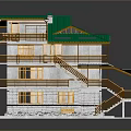 Cartoon Scene of Multi Story Building With Green Roof Wooden Balconies And White Walls