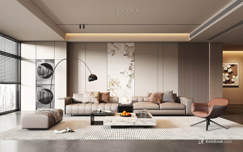 Modern Living Room Interior Design With Beige Sofa Marble Coffee Table Floor Lamp And Decorative Painting 3d model 