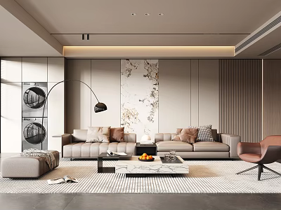 Modern Living Room Interior Design With Beige Sofa Marble Coffee Table Floor Lamp And Decorative Painting 3d model