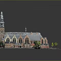 Traditional Architectural Model With Spire Tower Multiple Gabled Roofs Arched Windows And Green Plants