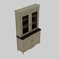 Vintage Light Gray Wooden Cabinet With Glass Doors And Carved Details