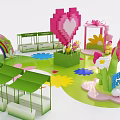 Cheerful Mall Shop Featuring Pink Heart Decoration Green Display Stands Colorful Flowers And Rainbow