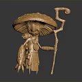 Detailed Golden Mushroom Shaped Sculpture Featuring Humanoid Figure With Curved Staff And Small Creature