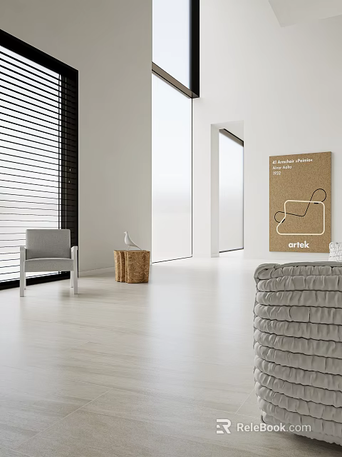 Modern Living Room Interior With Grey Sofa Wooden Side Table Blinds And White Walls 3d model 