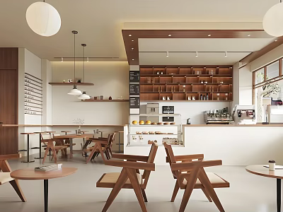 Modern Café Interior With Wooden Tables Chairs Pendant Lights Display Shelves And Bar Counter 3d model