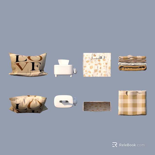 Cozy Home Living Accessories With Pillows Tissue Box Storage Bags And Plaid Towels 3d model 