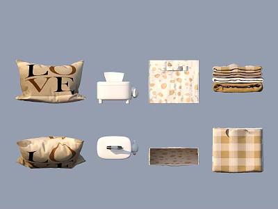 Cozy Home Living Accessories With Pillows Tissue Box Storage Bags And Plaid Towels 3d model