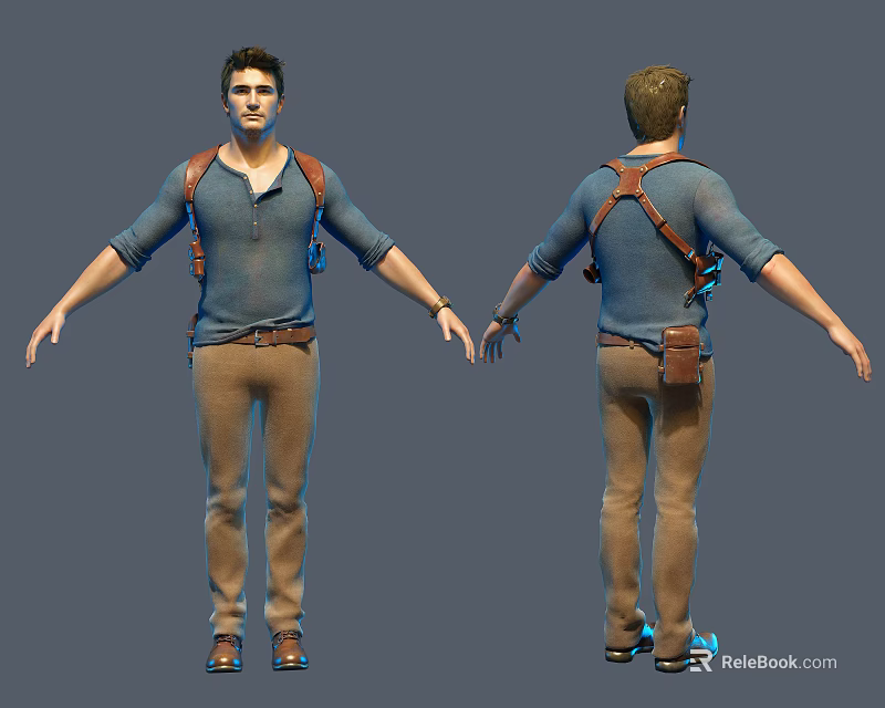 3D Model Man In Blue Shirt Brown Pants With Backpack Straps Front Back Views 3d model