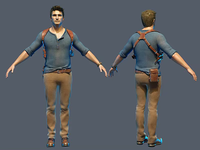 3D Model Man In Blue Shirt Brown Pants With Backpack Straps Front Back Views 3d model