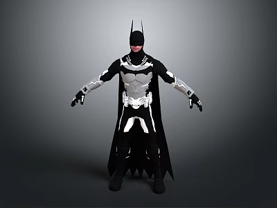 Man Wearing Black and White Batman Costume with Cape Standing on Gray Background 3d model
