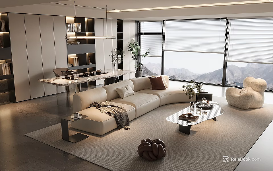 Modern Living Room Interior With Beige Sofa Glass Coffee Table And Large Windows 3d model 