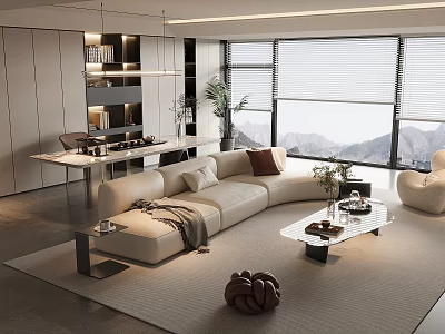 Modern Living Room Interior With Beige Sofa Glass Coffee Table And Large Windows 3d model