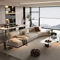 Modern Living Room Interior With Beige Sofa Glass Coffee Table And Large Windows