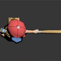 Child Wearing Red Cap And Striped Shirt Pointing With Baseball Bat And Backpack
