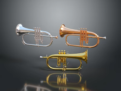 Shiny Silver Copper and Gold Trumpets Displayed on Dark Background with Reflections 3d model