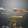 Shiny Silver Copper and Gold Trumpets Displayed on Dark Background with Reflections
