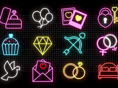 Vibrant Romantic Neon Icons With Wedding Rings Hearts And Love Symbols 3d model