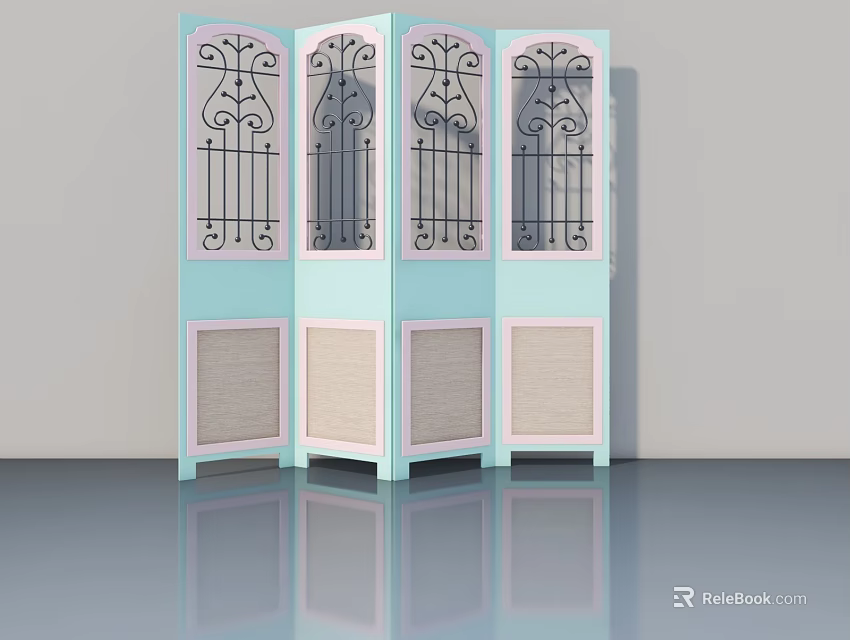 Light Blue Folding Screen Door With Black Iron Scrollwork And Beige Woven Panels 3d model 