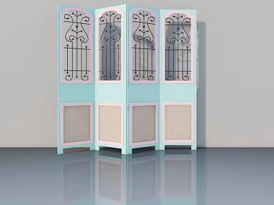 Light Blue Folding Screen Door With Black Iron Scrollwork And Beige Woven Panels 3d model