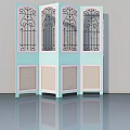 Light Blue Folding Screen Door With Black Iron Scrollwork And Beige Woven Panels