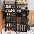 Sturdy Black Multi Layer Shoe Storage Rack With Umbrella Holder And Side Pockets 3d model