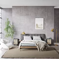 Double Bed with Gray Headboard Pillows Blanket and Nightstands Pendant Lights Wall Painting Green Plant