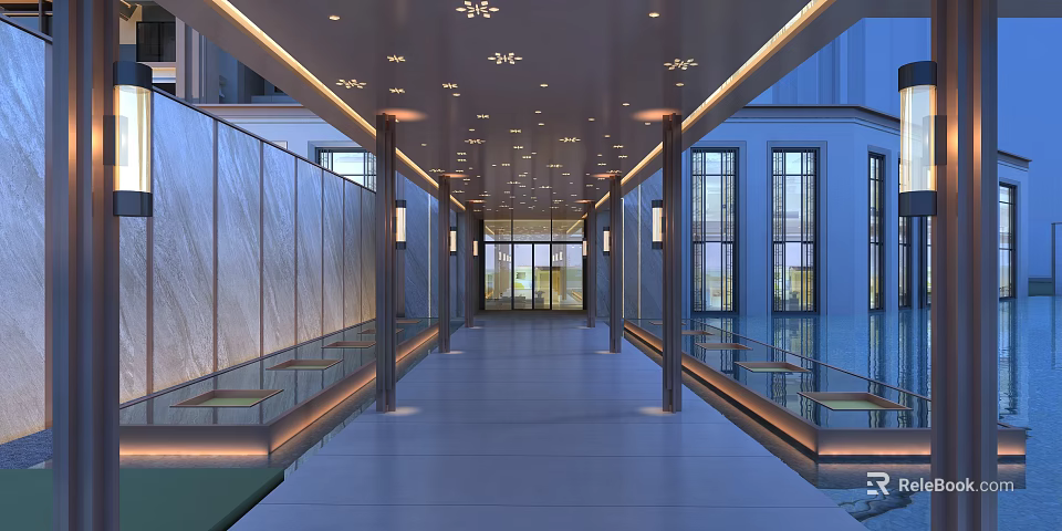 Modern Pergola Walkway with Columns Recessed Lighting Glass Walls and Polished Marble Floor 3d model 