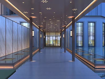 Modern Pergola Walkway with Columns Recessed Lighting Glass Walls and Polished Marble Floor 3d model