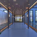 Modern Pergola Walkway with Columns Recessed Lighting Glass Walls and Polished Marble Floor