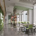 Modern Restaurant Interior With Green Wall Dining Tables Chairs And Natural Light 3d model