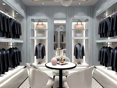 Modern Clothing Store Interior With Hanging Suits Round Table White Chairs And Bags 3d model
