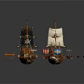 Detailed Wooden Sailboats Models With Black And White Sails Small Boats Barrels And Pirate Figures