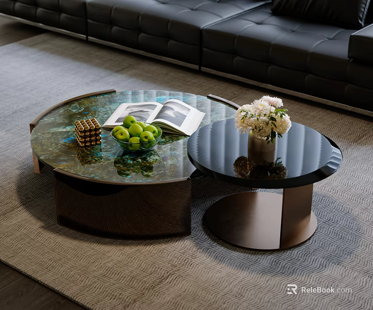 Stylish Coffee Tables Oval Round Glass Top With Pineapple Green Apples Open Book Flower Bouquet 3d model 
