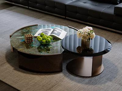 Stylish Coffee Tables Oval Round Glass Top With Pineapple Green Apples Open Book Flower Bouquet 3d model