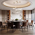 New Chinese Dining Box Large Round Table Solid Wood Dining Chair End View Table Crystal Chandelier Round Chandelier New Chinese Background Wall Potted Tableware 3d model